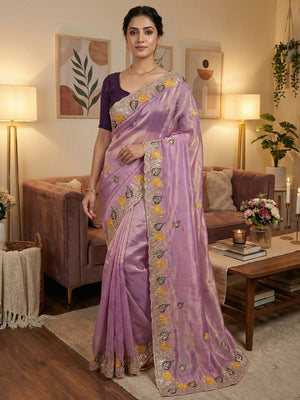 Elegant Light Purple Organza Satin Silk Saree with Leaf Embroidery - Image 1