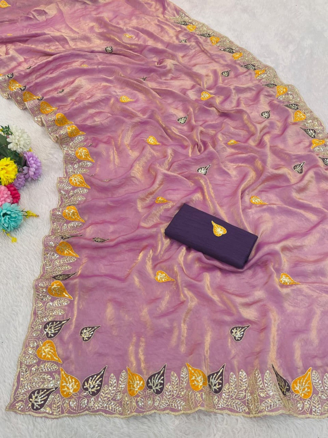 Elegant Light Purple Organza Satin Silk Saree with Leaf Embroidery - Image 3