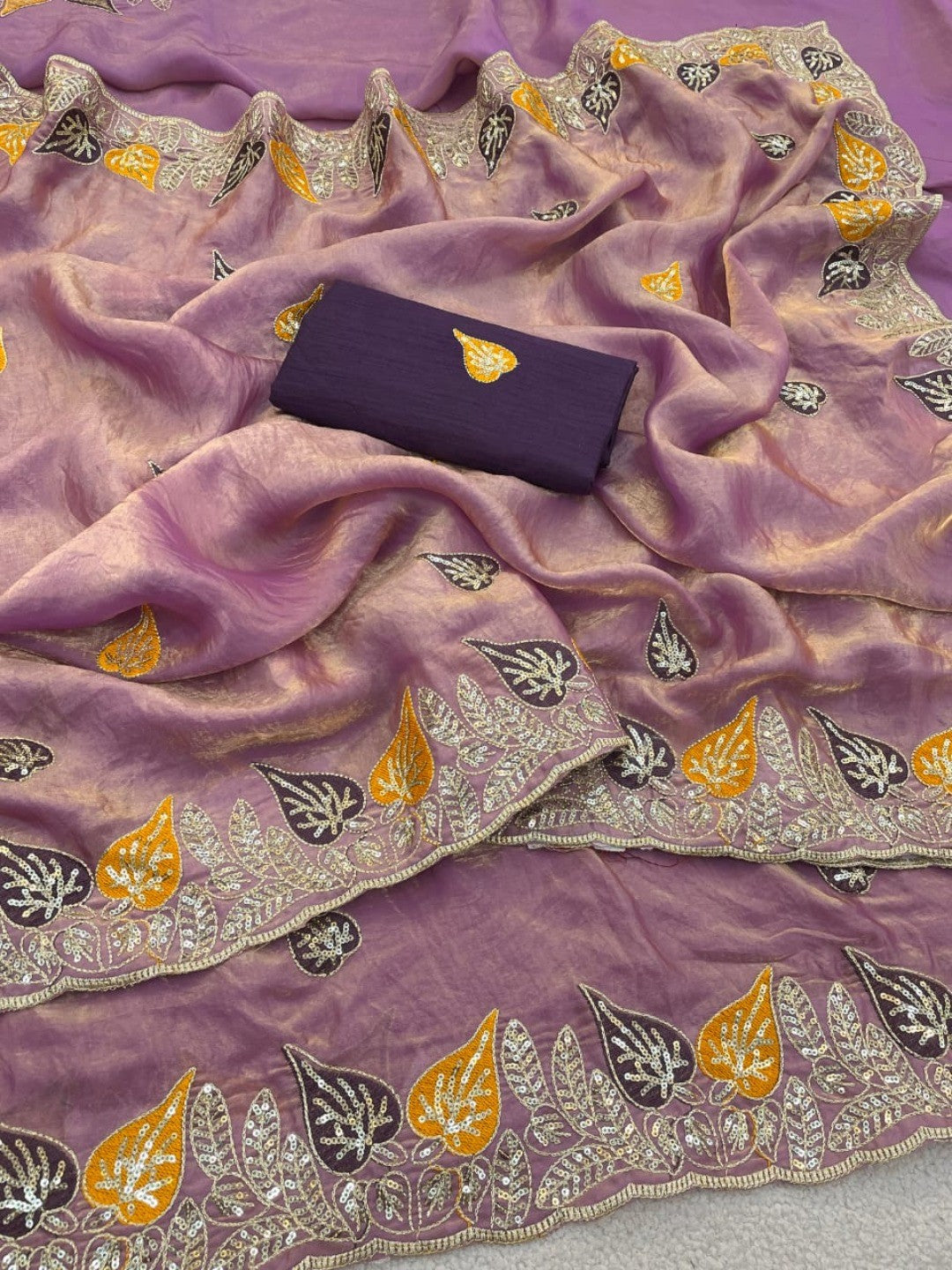 Elegant Light Purple Organza Satin Silk Saree with Leaf Embroidery - Image 5