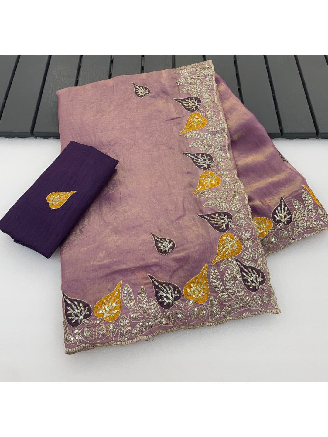 Elegant Light Purple Organza Satin Silk Saree with Leaf Embroidery - Image 7