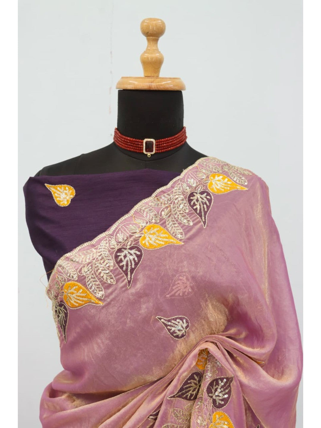 Elegant Light Purple Organza Satin Silk Saree with Leaf Embroidery - Image 8
