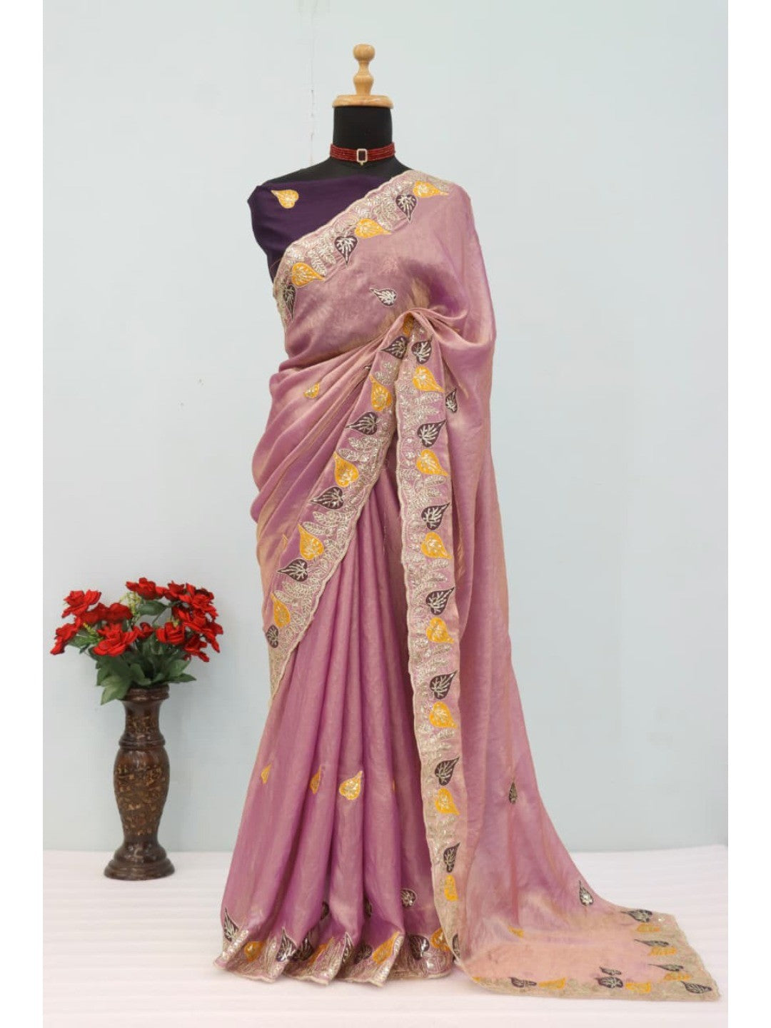 Elegant Light Purple Organza Satin Silk Saree with Leaf Embroidery - Image 9