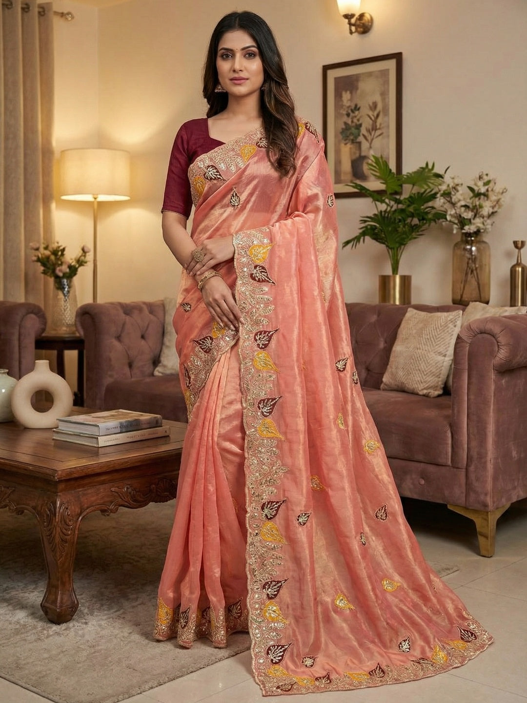 Elegant Peach Organza Satin Silk Saree with Leaf Embroidery - Image 1