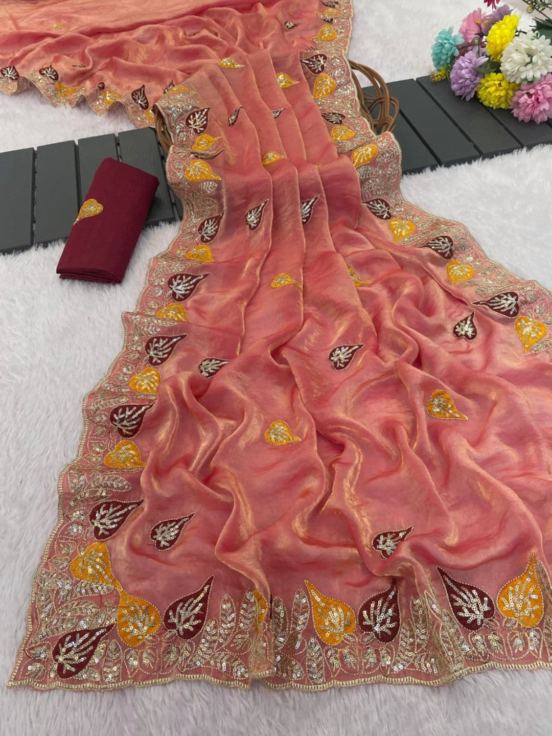 Elegant Peach Organza Satin Silk Saree with Leaf Embroidery - Image 6