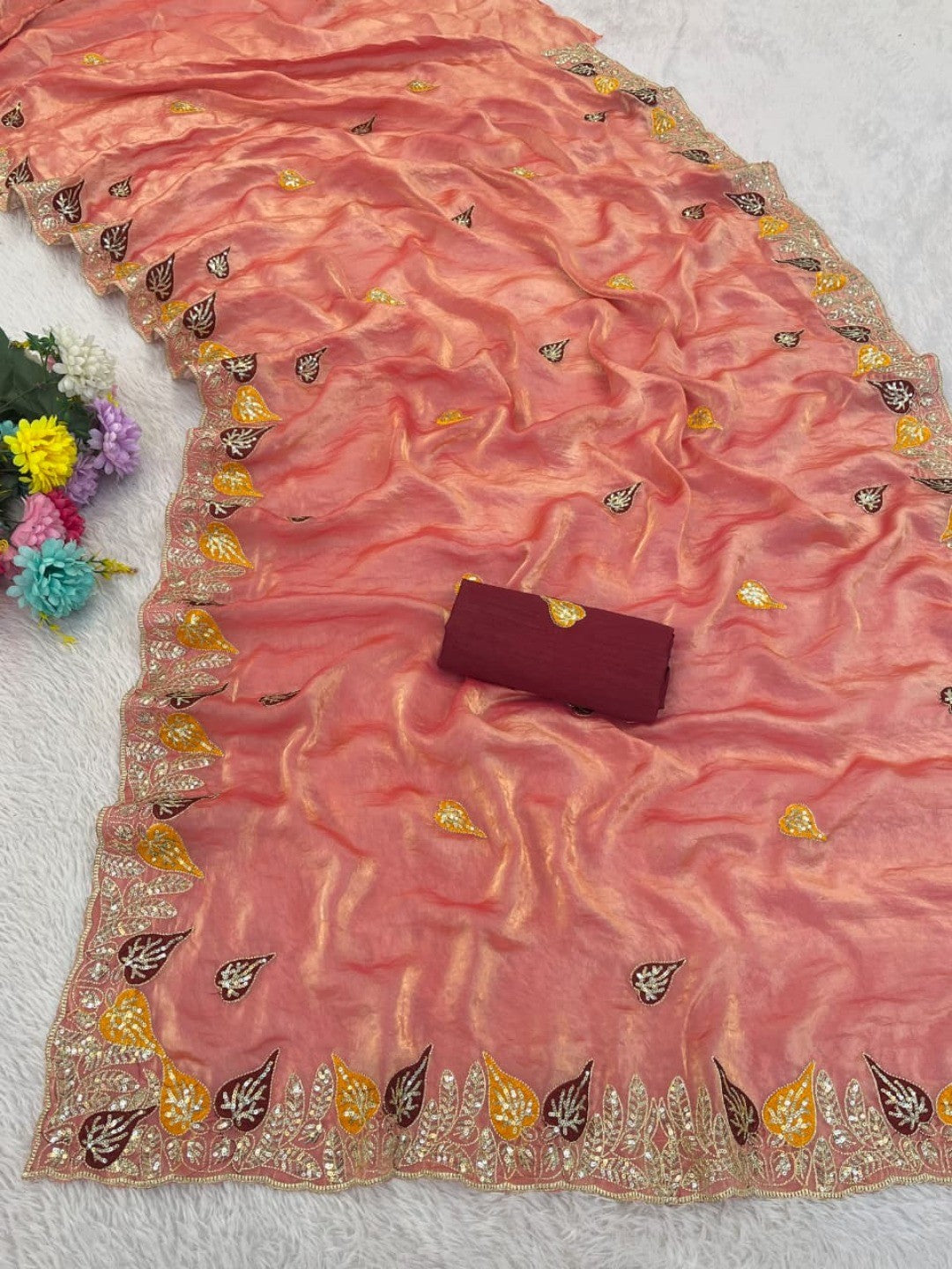 Elegant Peach Organza Satin Silk Saree with Leaf Embroidery - Image 3