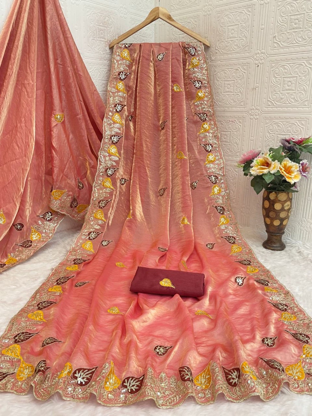 Elegant Peach Organza Satin Silk Saree with Leaf Embroidery - Image 4