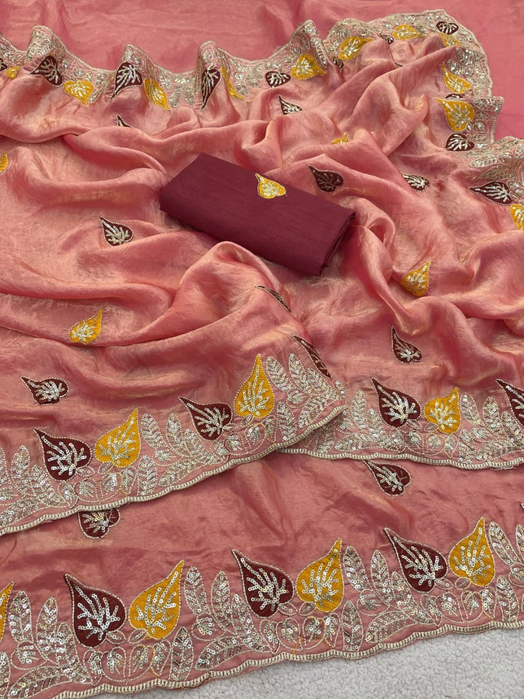 Elegant Peach Organza Satin Silk Saree with Leaf Embroidery - Image 5