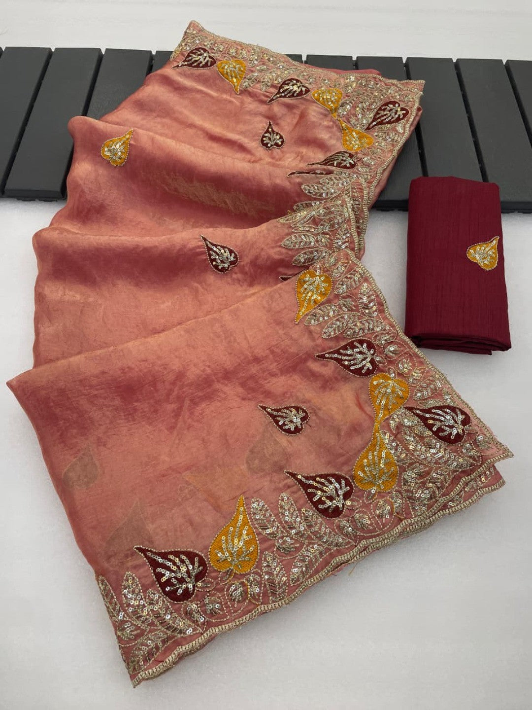 Elegant Peach Organza Satin Silk Saree with Leaf Embroidery - Image 6