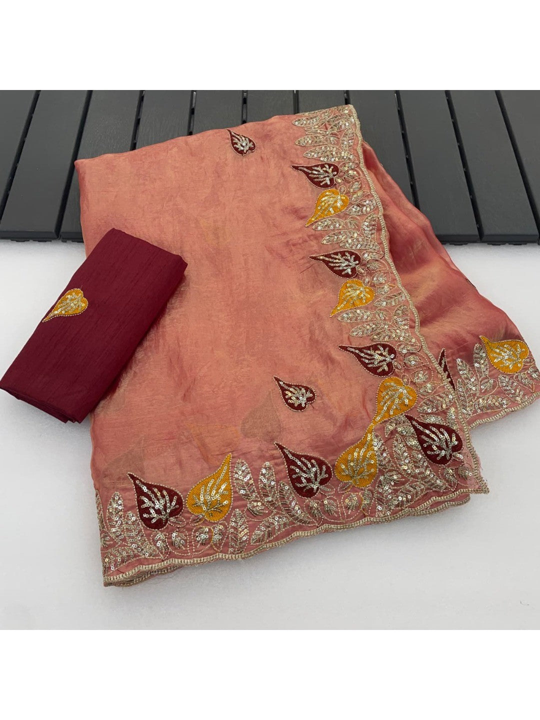 Elegant Peach Organza Satin Silk Saree with Leaf Embroidery - Image 8