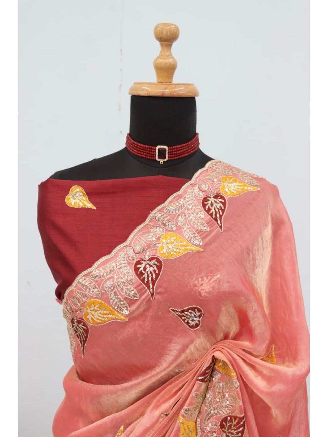 Elegant Peach Organza Satin Silk Saree with Leaf Embroidery - Image 8