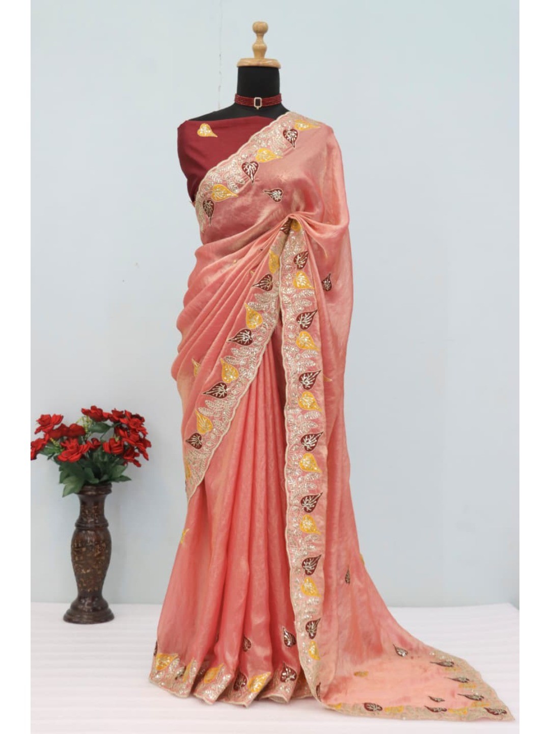 Elegant Peach Organza Satin Silk Saree with Leaf Embroidery - Image 9