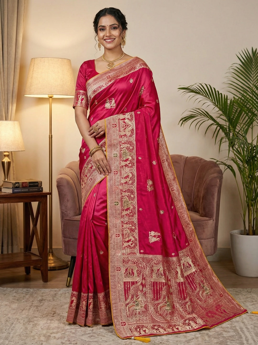 Rich Pink Satin Saree Adorned With Intricate Weaving Accents & Sparkling Stone Work Elegance - Image 1