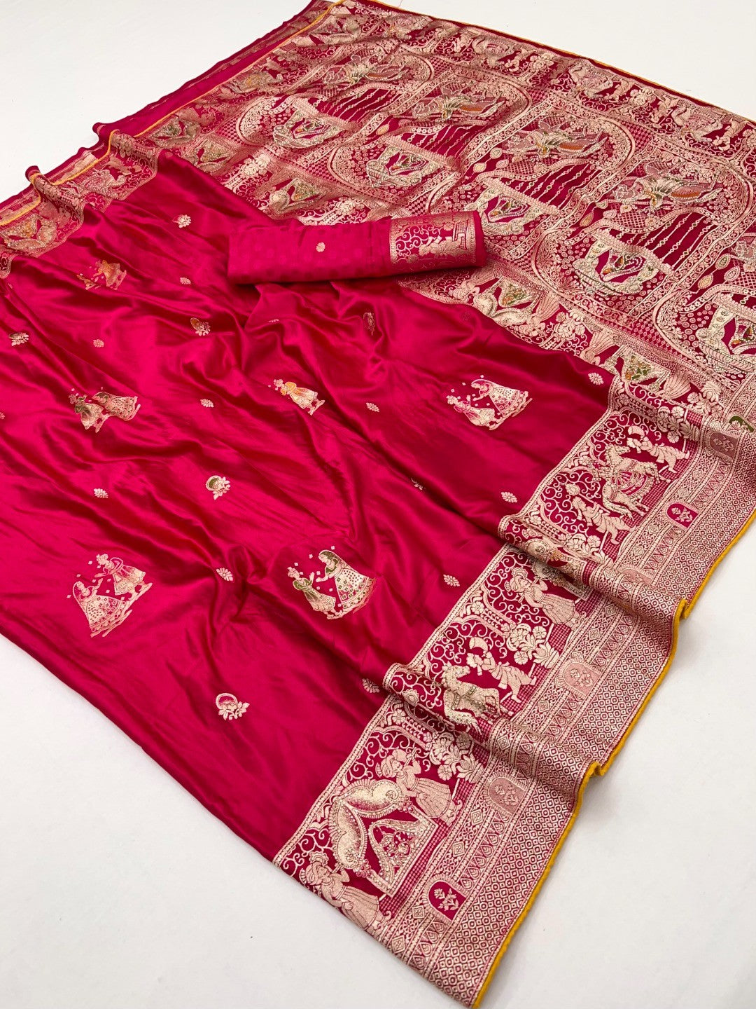 Rich Pink Satin Saree Adorned With Intricate Weaving Accents & Sparkling Stone Work Elegance - Image 3