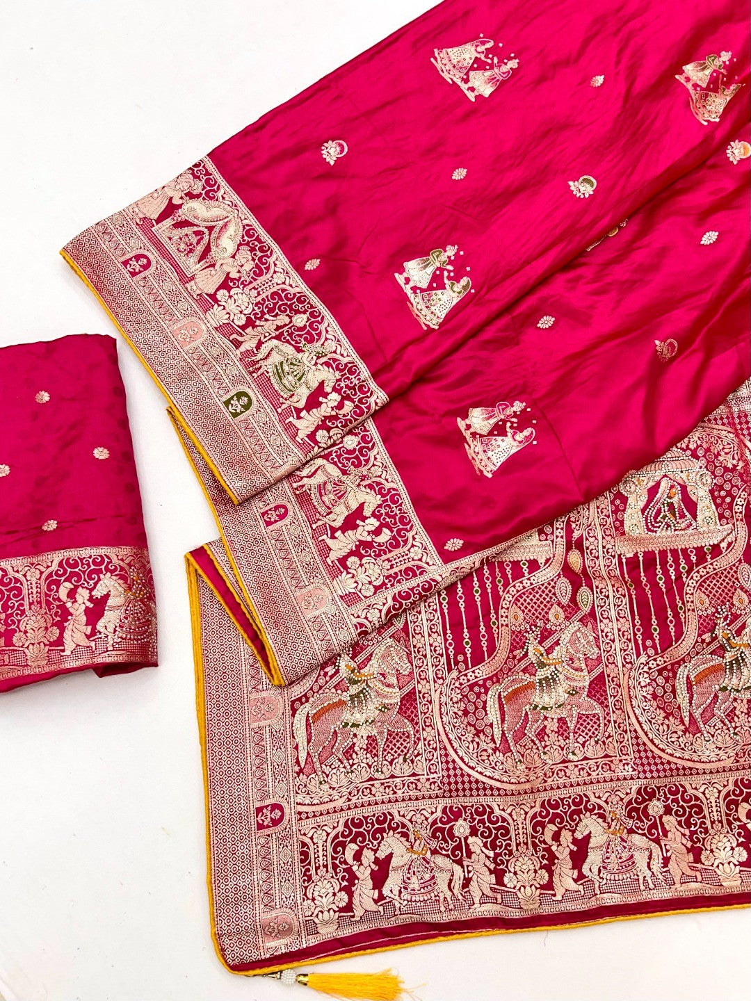 Rich Pink Satin Saree Adorned With Intricate Weaving Accents & Sparkling Stone Work Elegance - Image 2