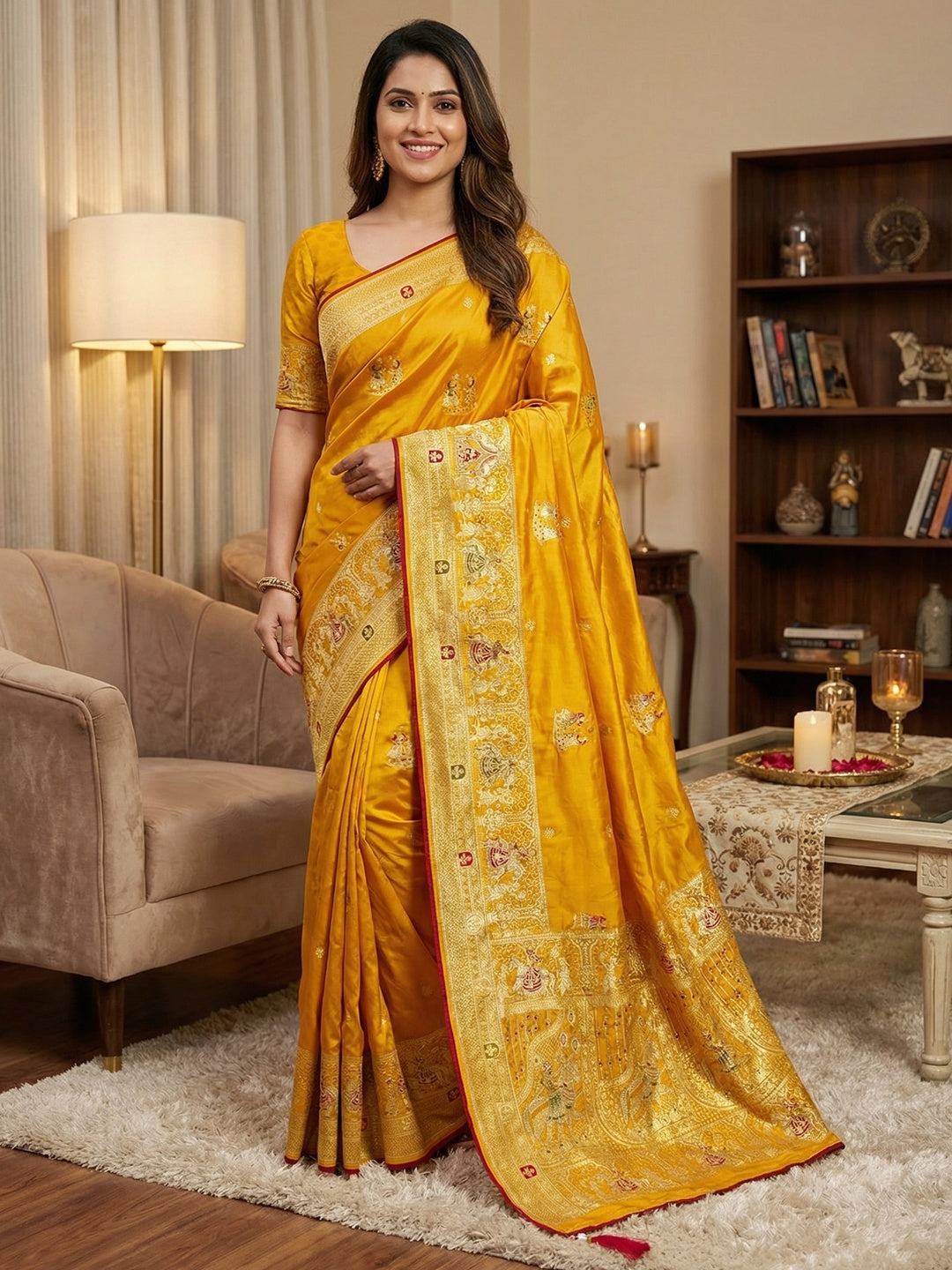 Rich Mustard Satin Saree Adorned With Intricate Weaving Accents & Sparkling Stone Work Elegance - Image 1