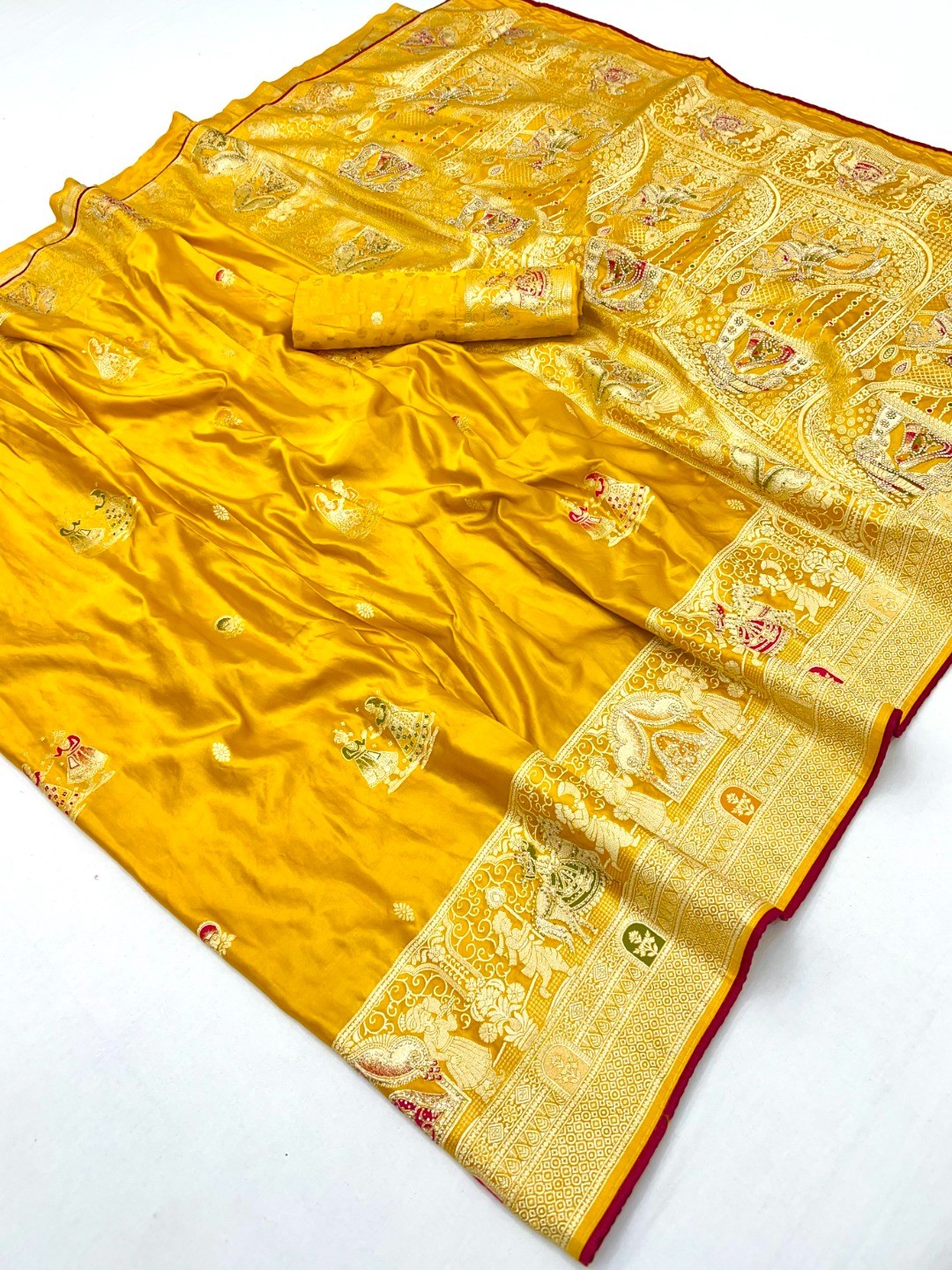 Rich Mustard Satin Saree Adorned With Intricate Weaving Accents & Sparkling Stone Work Elegance - Image 2