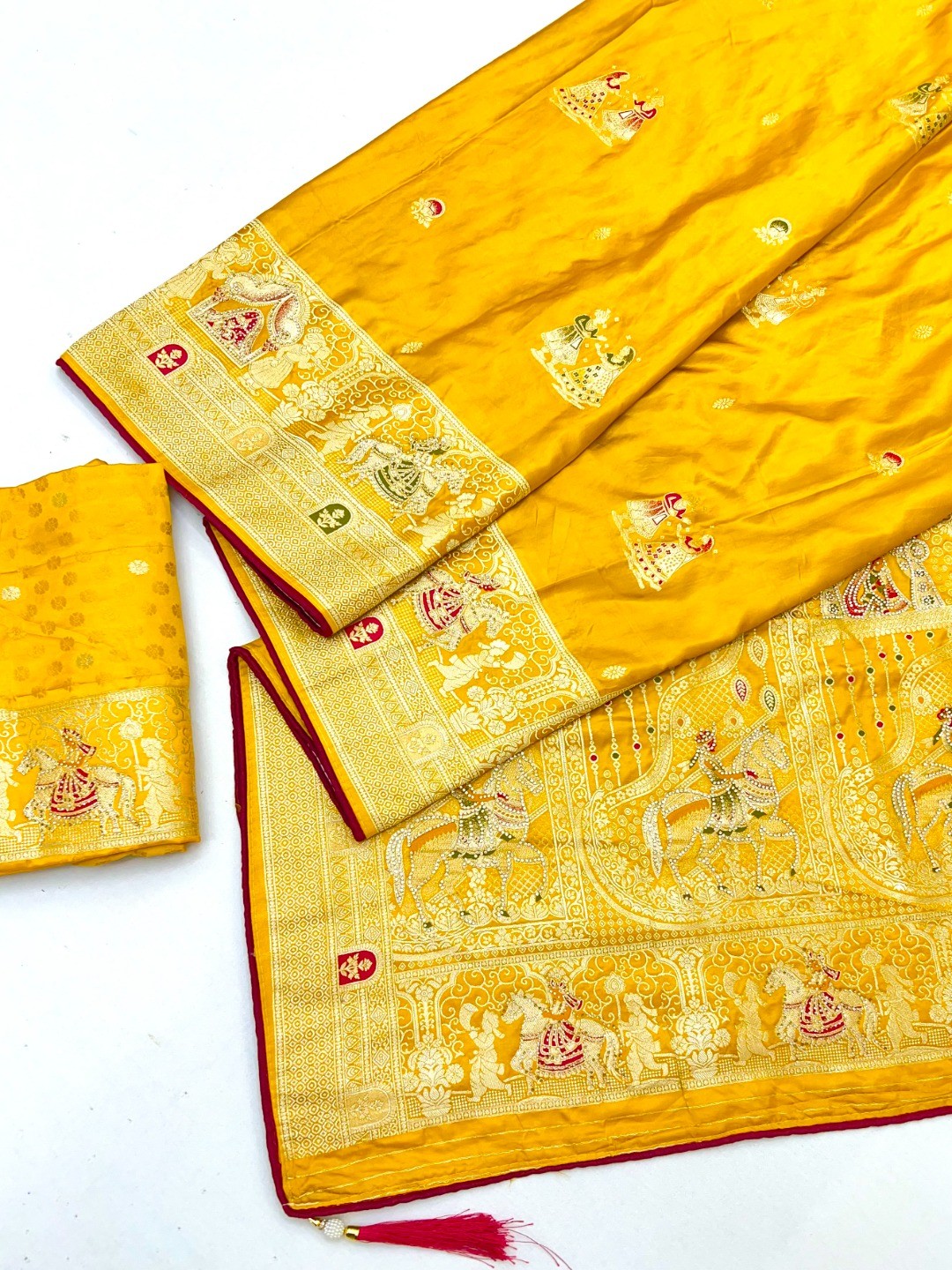 Rich Mustard Satin Saree Adorned With Intricate Weaving Accents & Sparkling Stone Work Elegance - Image 3