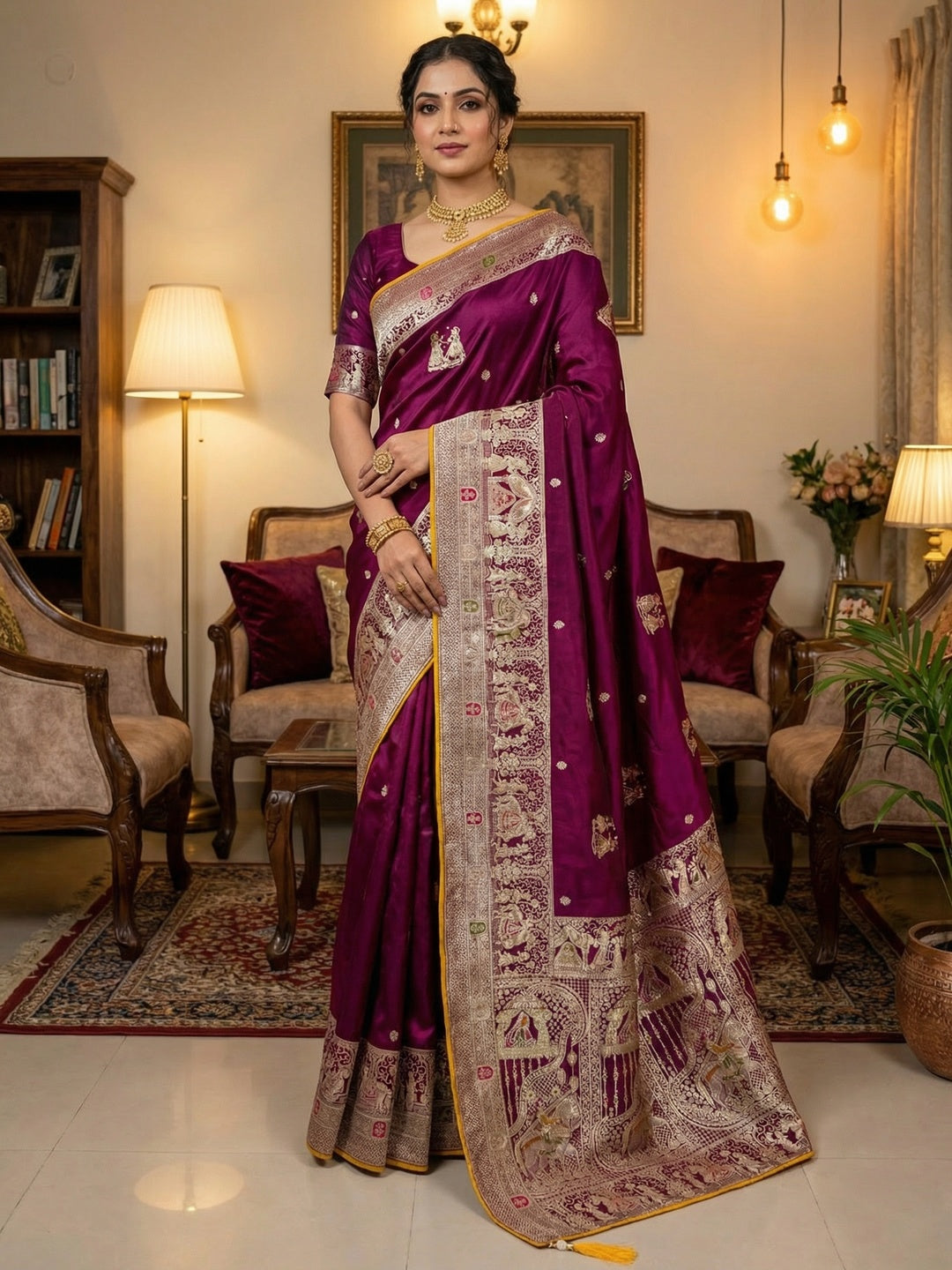 Rich Wine Satin Saree Adorned With Intricate Weaving Accents & Sparkling Stone Work Elegance - Image 1
