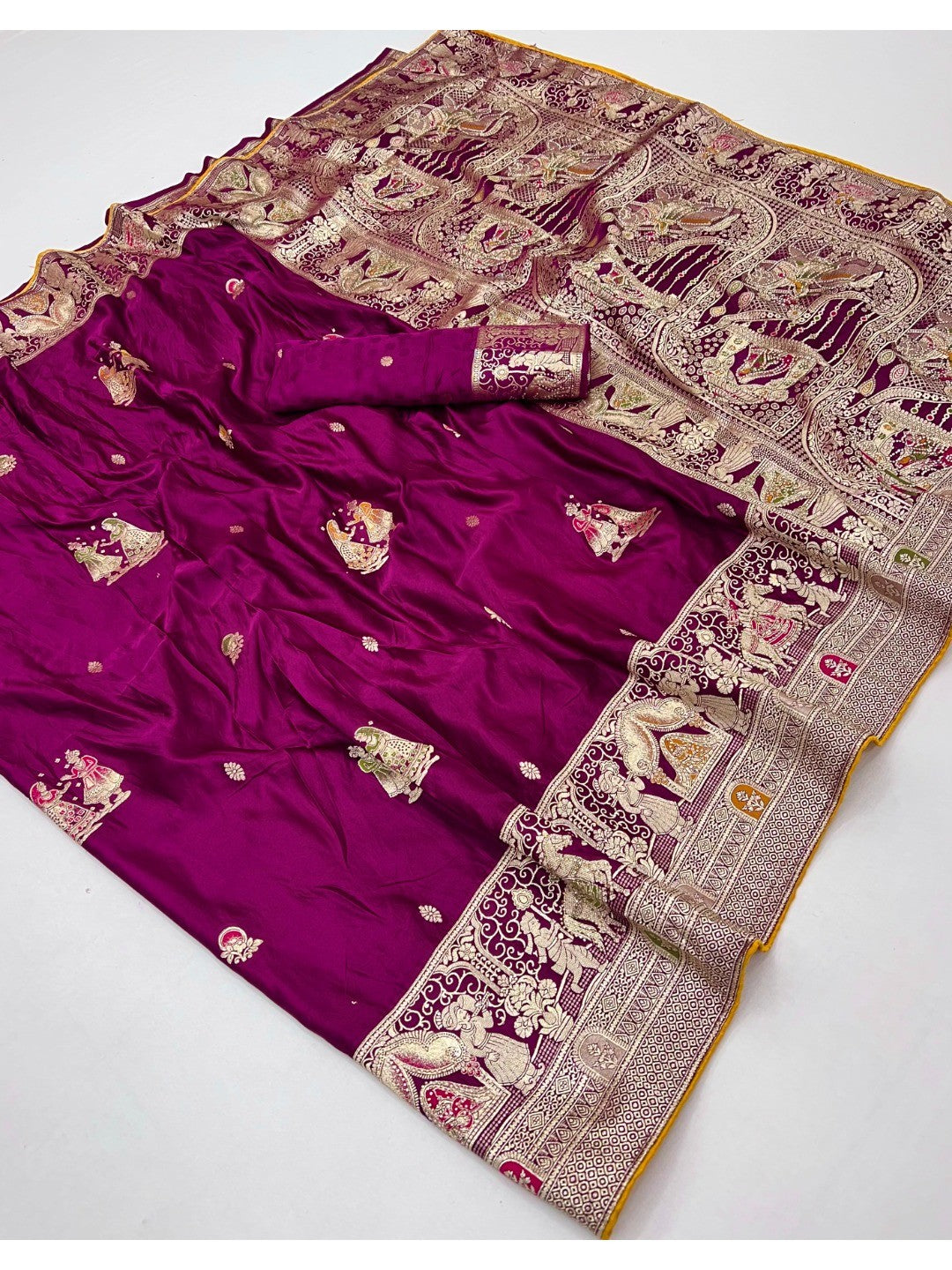 Rich Wine Satin Saree Adorned With Intricate Weaving Accents & Sparkling Stone Work Elegance - Image 3