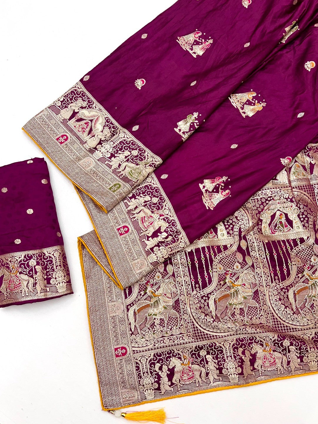 Rich Wine Satin Saree Adorned With Intricate Weaving Accents & Sparkling Stone Work Elegance - Image 2