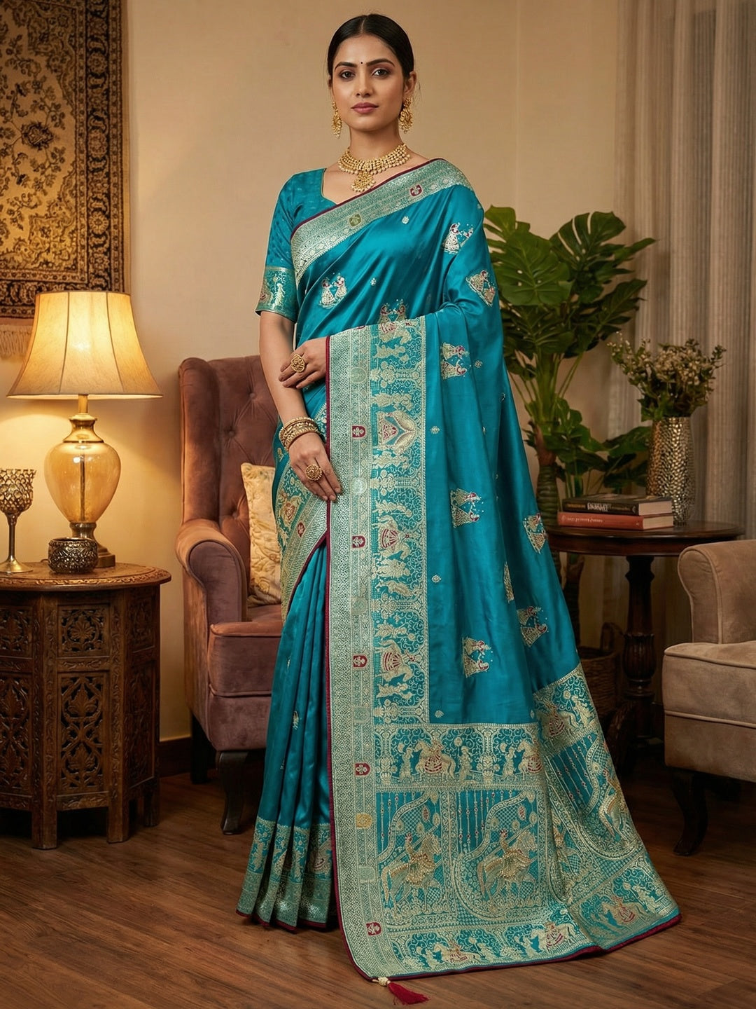 Rich Peacock Blue Satin Saree Adorned With Intricate Weaving Accents & Sparkling Stone Work Elegance - Image 1