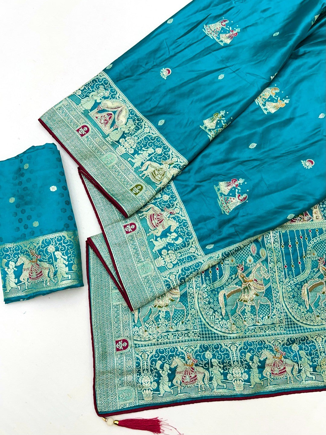 Rich Peacock Blue Satin Saree Adorned With Intricate Weaving Accents & Sparkling Stone Work Elegance - Image 3