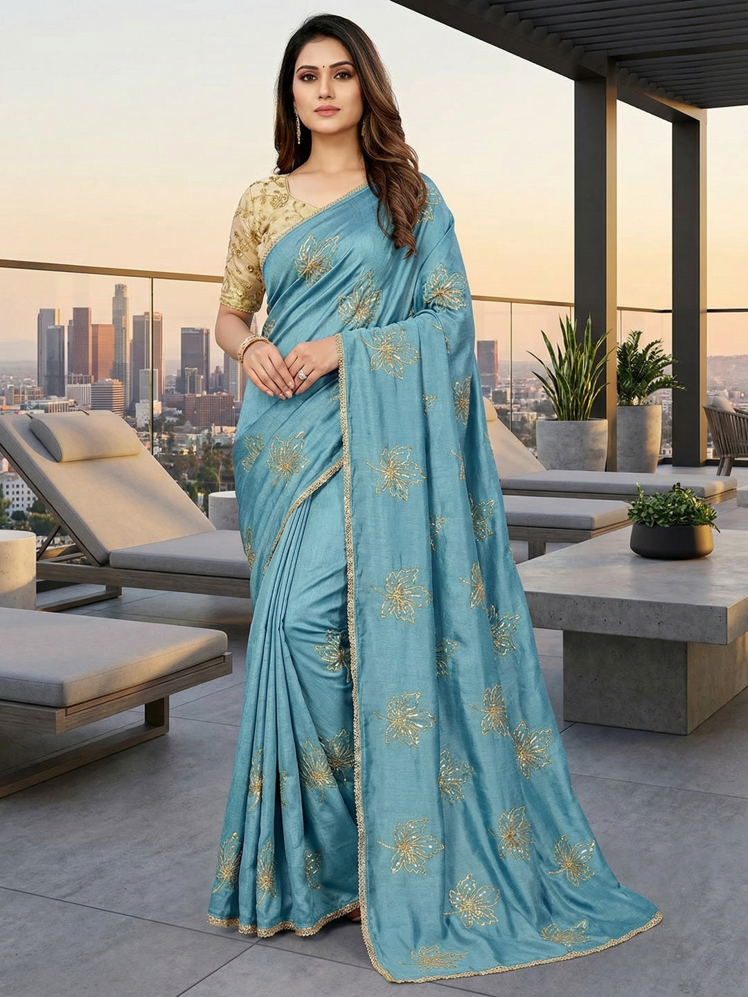 Glamorous Sky Blue Sequin Embellished Saree in Premium Vichitra Silk - Image 2