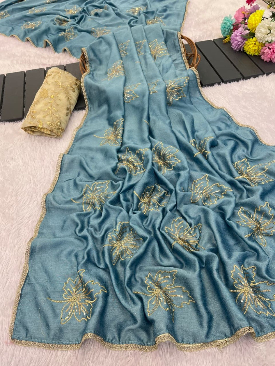 Glamorous Sky Blue Sequin Embellished Saree in Premium Vichitra Silk - Image 3