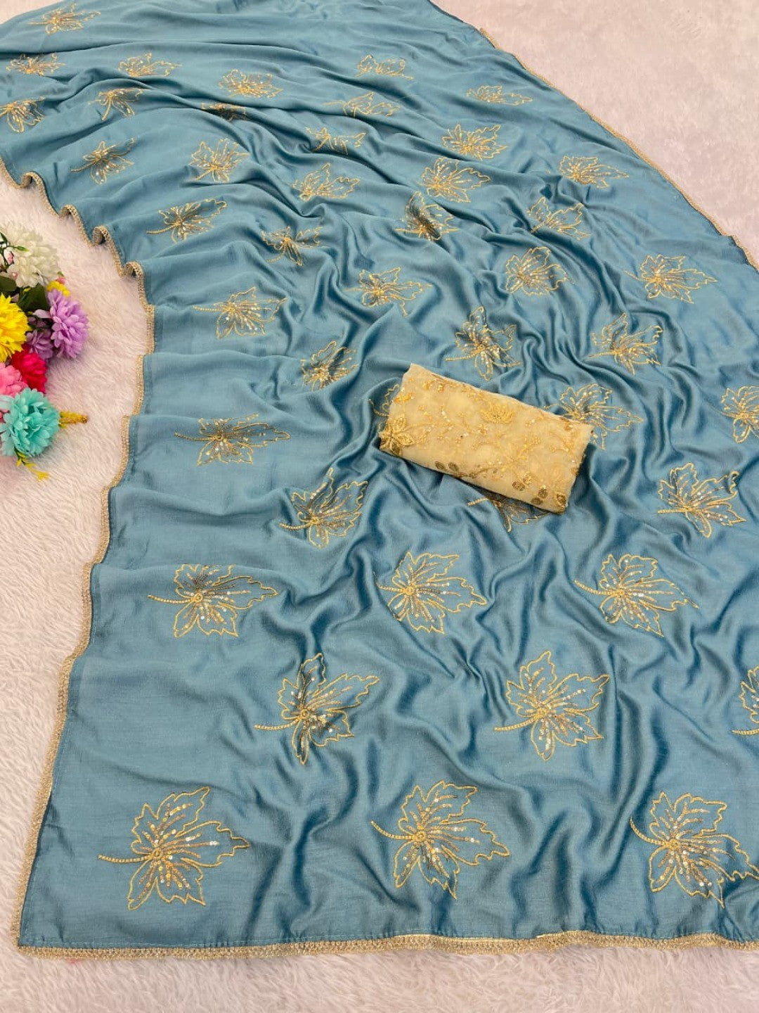 Glamorous Sky Blue Sequin Embellished Saree in Premium Vichitra Silk - Image 5