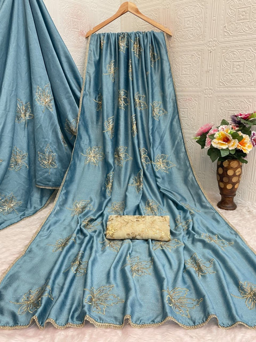 Glamorous Sky Blue Sequin Embellished Saree in Premium Vichitra Silk - Image 4