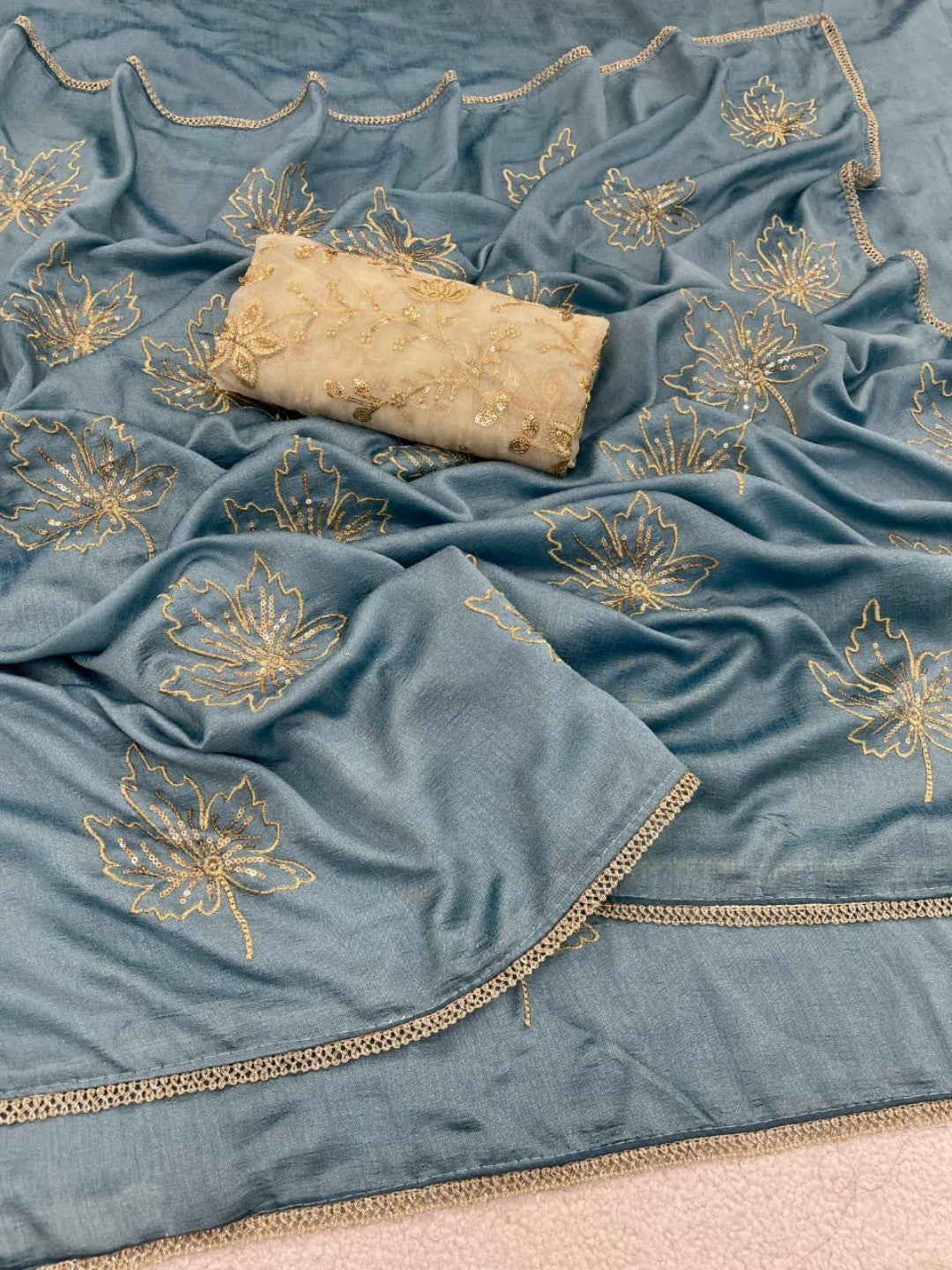 Glamorous Sky Blue Sequin Embellished Saree in Premium Vichitra Silk - Image 4