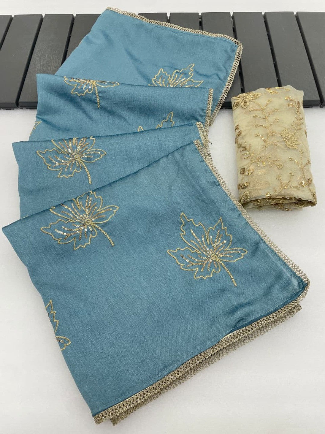 Glamorous Sky Blue Sequin Embellished Saree in Premium Vichitra Silk - Image 7