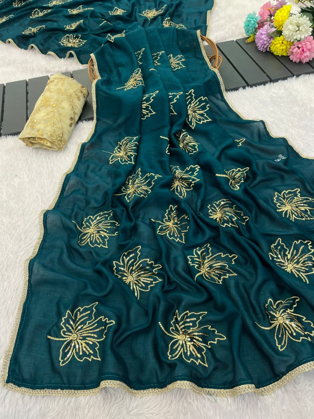 Glamorous Morpich Green Sequin Embellished Saree in Premium Vichitra Silk - Image 2