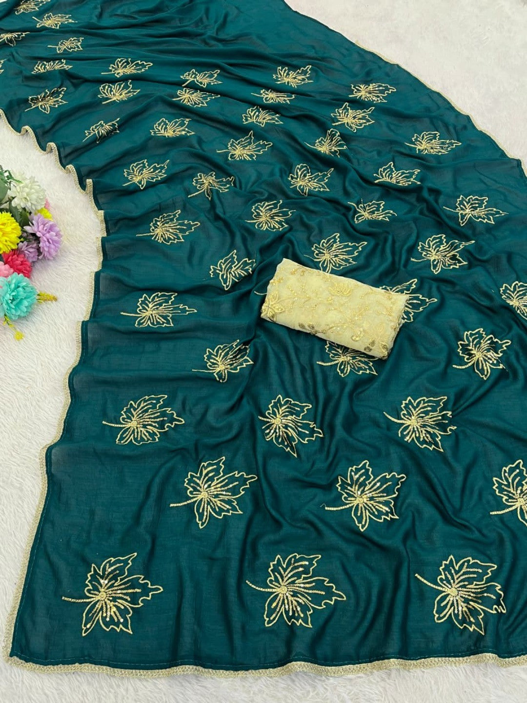 Glamorous Morpich Green Sequin Embellished Saree in Premium Vichitra Silk - Image 3