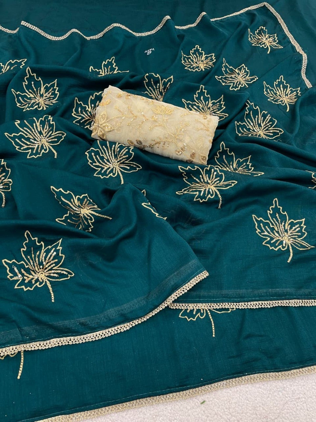 Glamorous Morpich Green Sequin Embellished Saree in Premium Vichitra Silk - Image 5