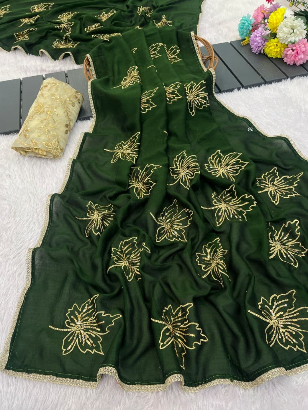 Glamorous Green Sequin Embellished Saree in Premium Vichitra Silk - Image 5