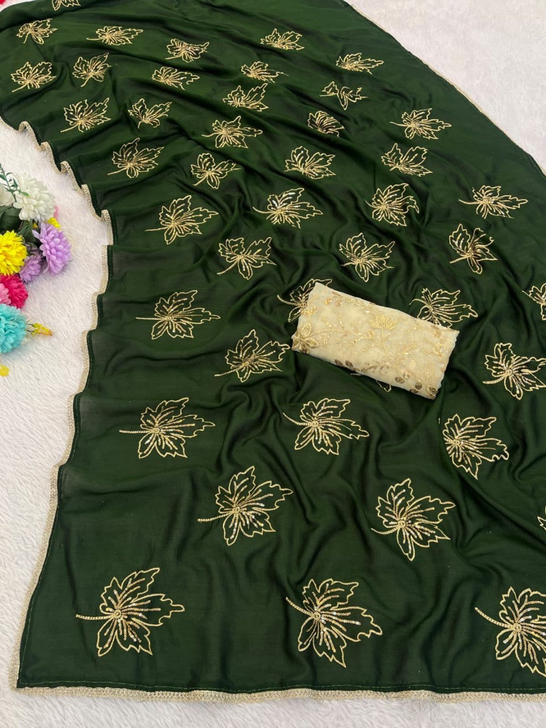 Glamorous Green Sequin Embellished Saree in Premium Vichitra Silk - Image 7