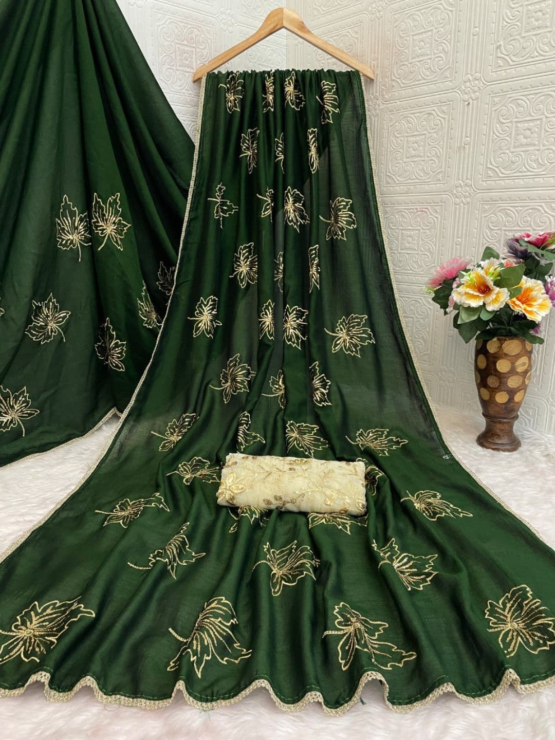 Glamorous Green Sequin Embellished Saree in Premium Vichitra Silk - Image 4