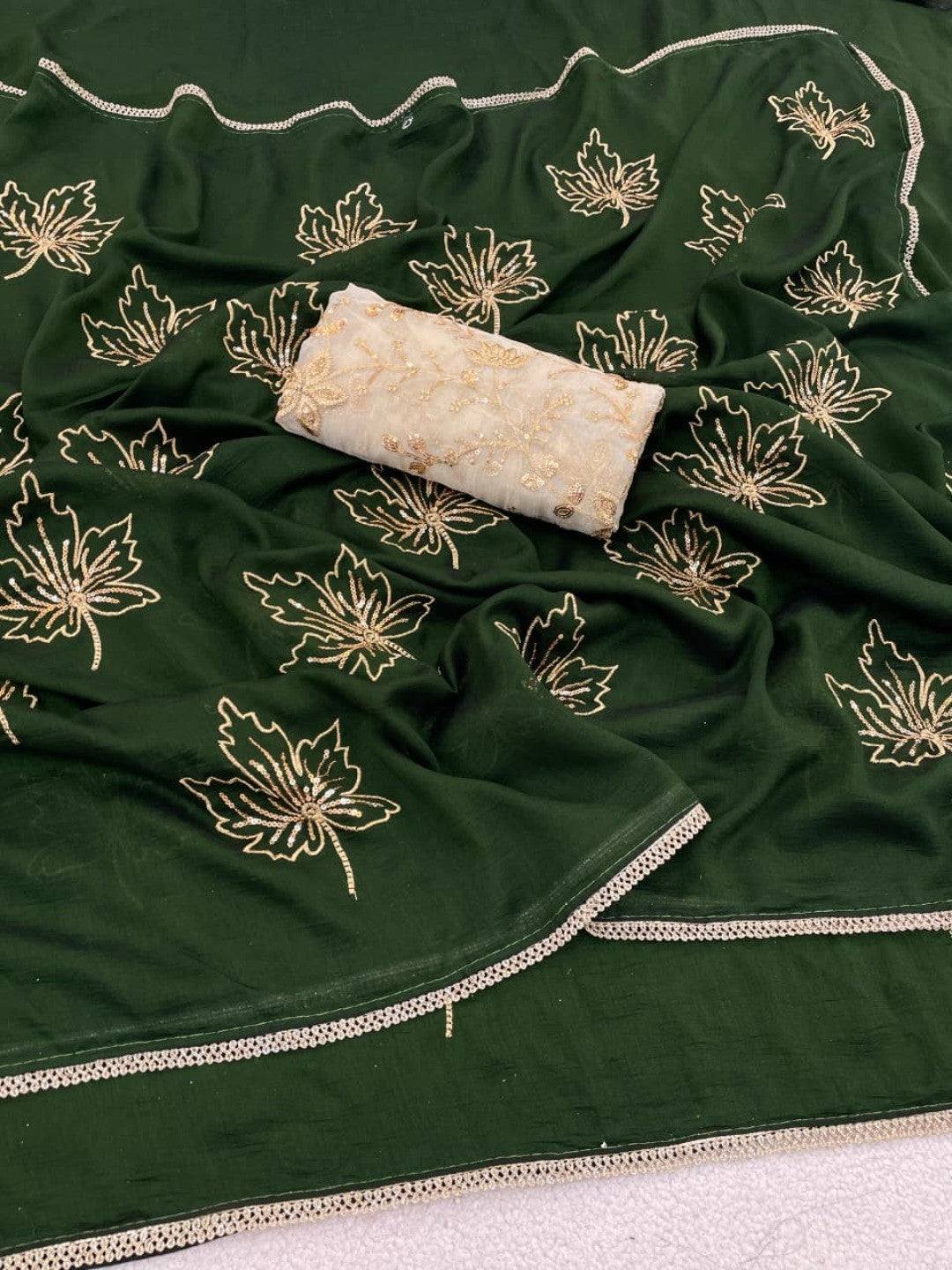 Glamorous Green Sequin Embellished Saree in Premium Vichitra Silk - Image 5