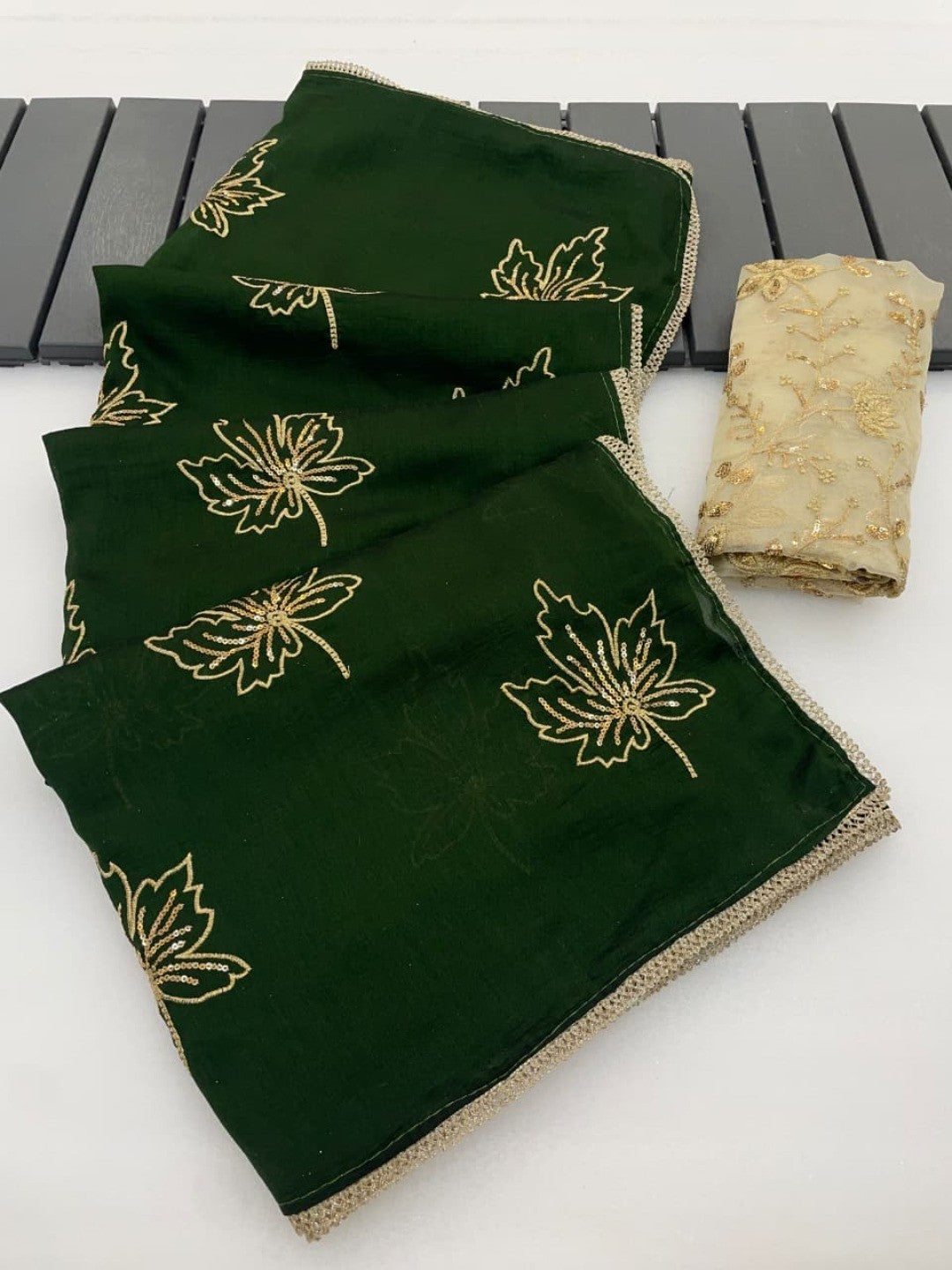 Glamorous Green Sequin Embellished Saree in Premium Vichitra Silk - Image 6