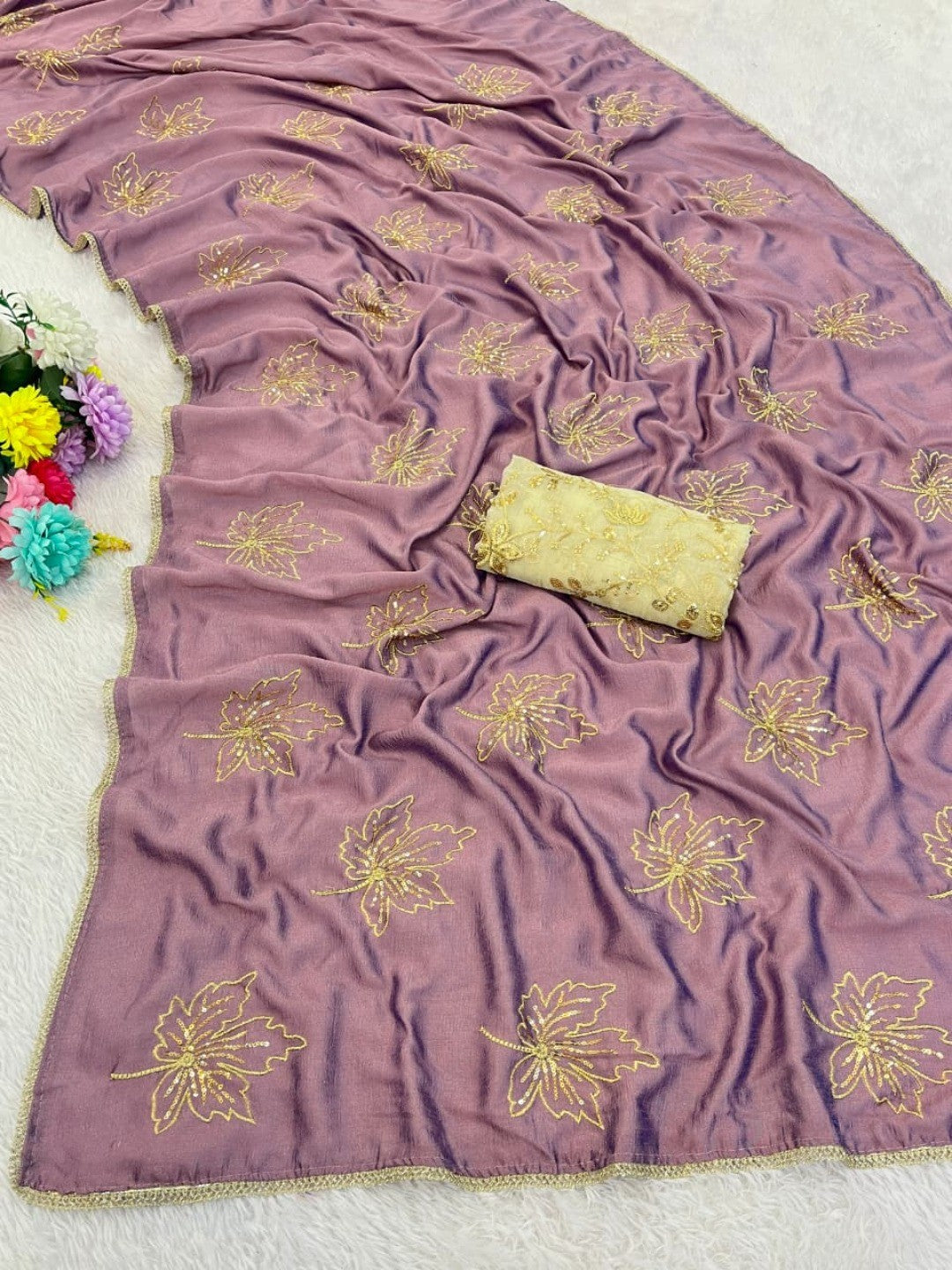 Glamorous Mauve Sequin Embellished Saree in Premium Vichitra Silk - Image 3