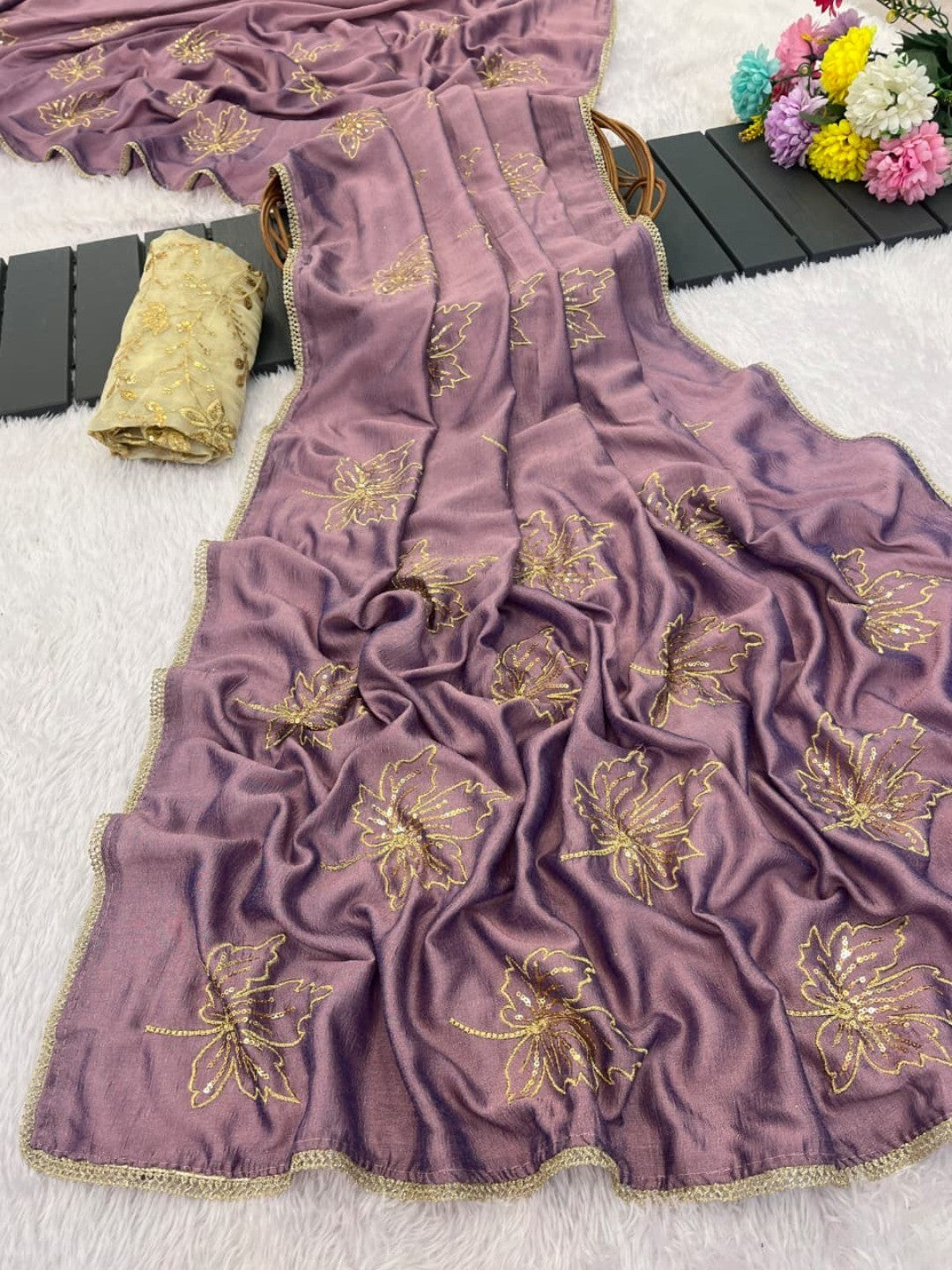 Glamorous Mauve Sequin Embellished Saree in Premium Vichitra Silk - Image 5