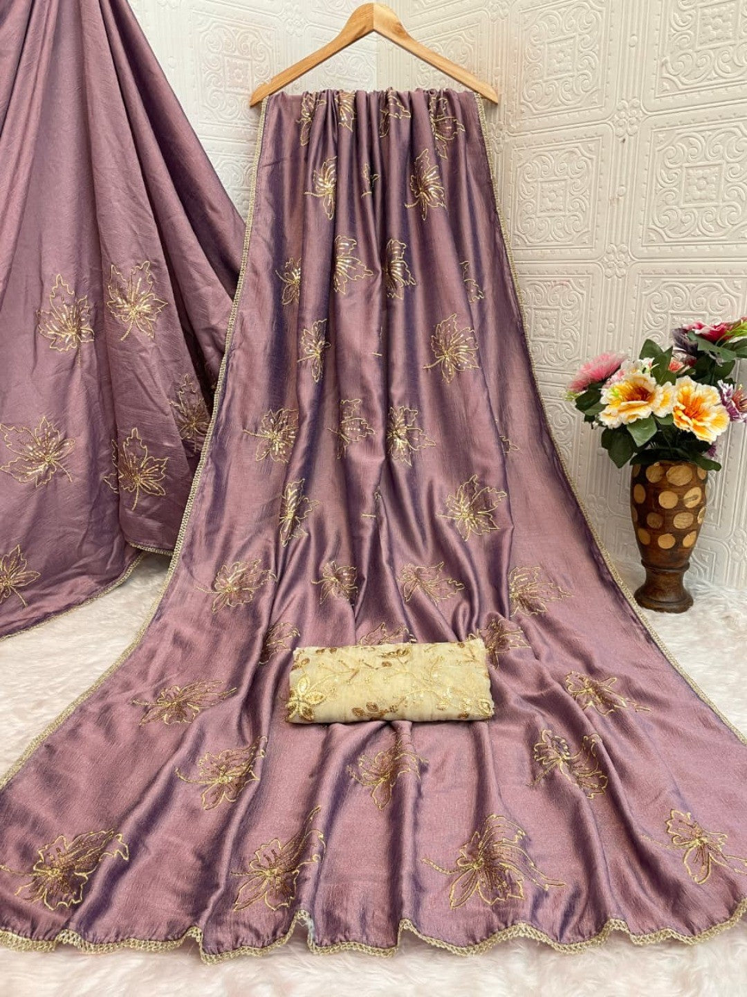 Glamorous Mauve Sequin Embellished Saree in Premium Vichitra Silk - Image 4