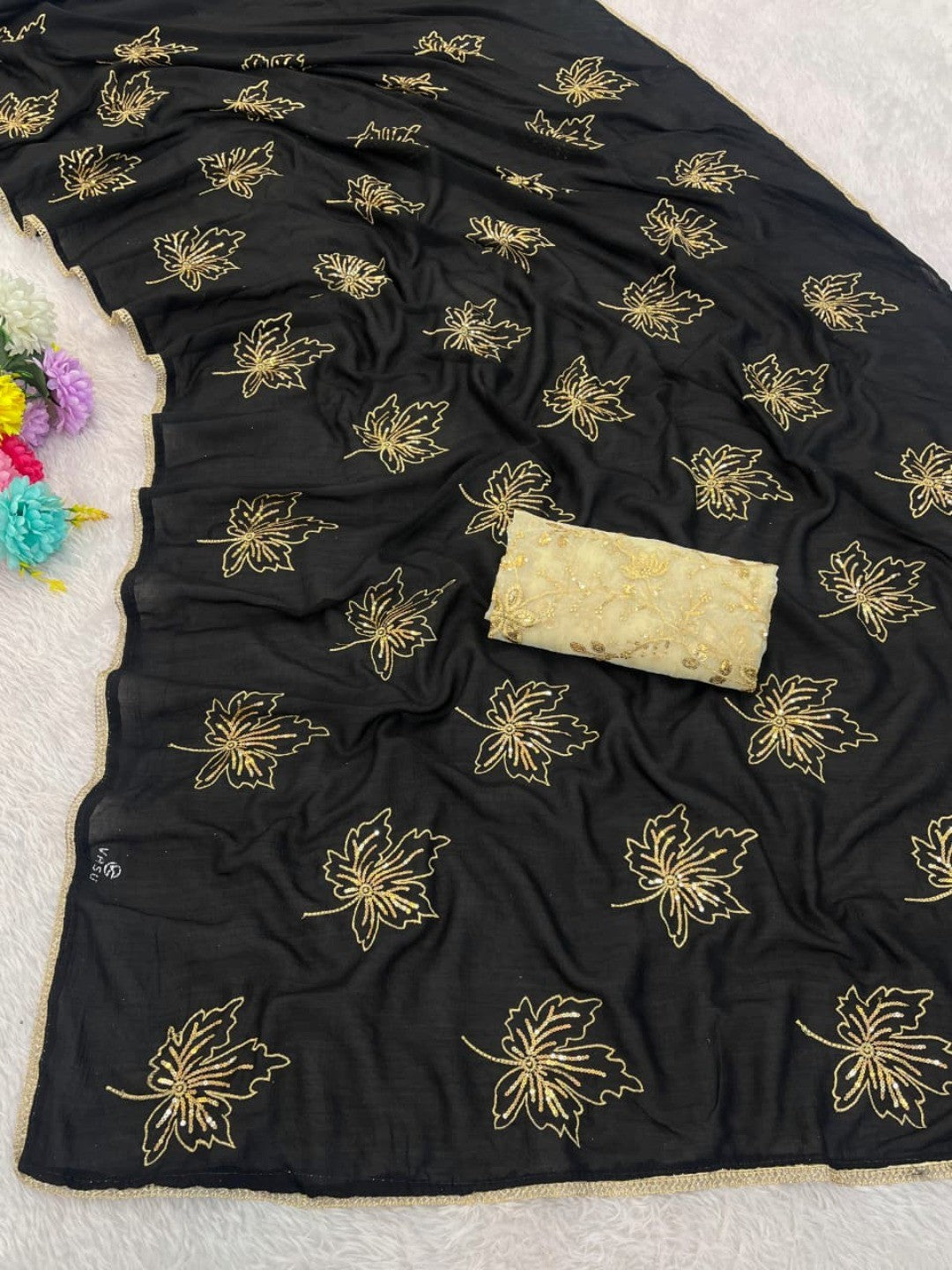 Glamorous Black Sequin Embellished Saree in Premium Vichitra Silk - Image 4