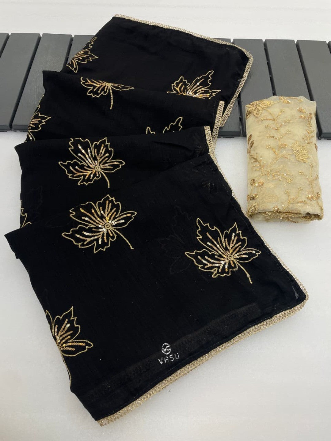 Glamorous Black Sequin Embellished Saree in Premium Vichitra Silk - Image 3