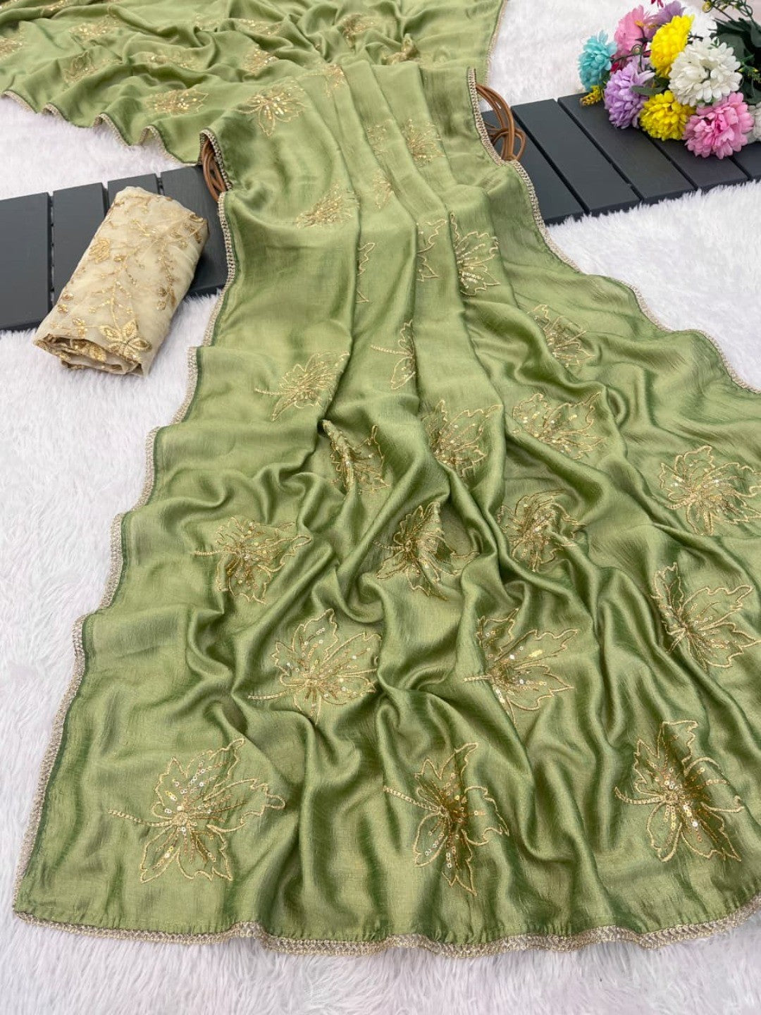 Glamorous Pista Green Sequin Embellished Saree in Premium Vichitra Silk - Image 2