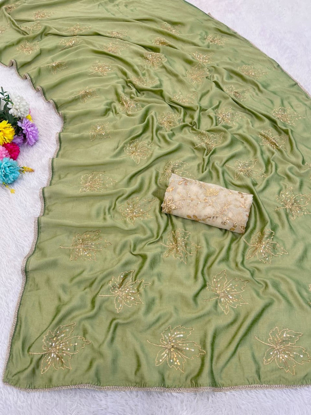 Glamorous Pista Green Sequin Embellished Saree in Premium Vichitra Silk - Image 3