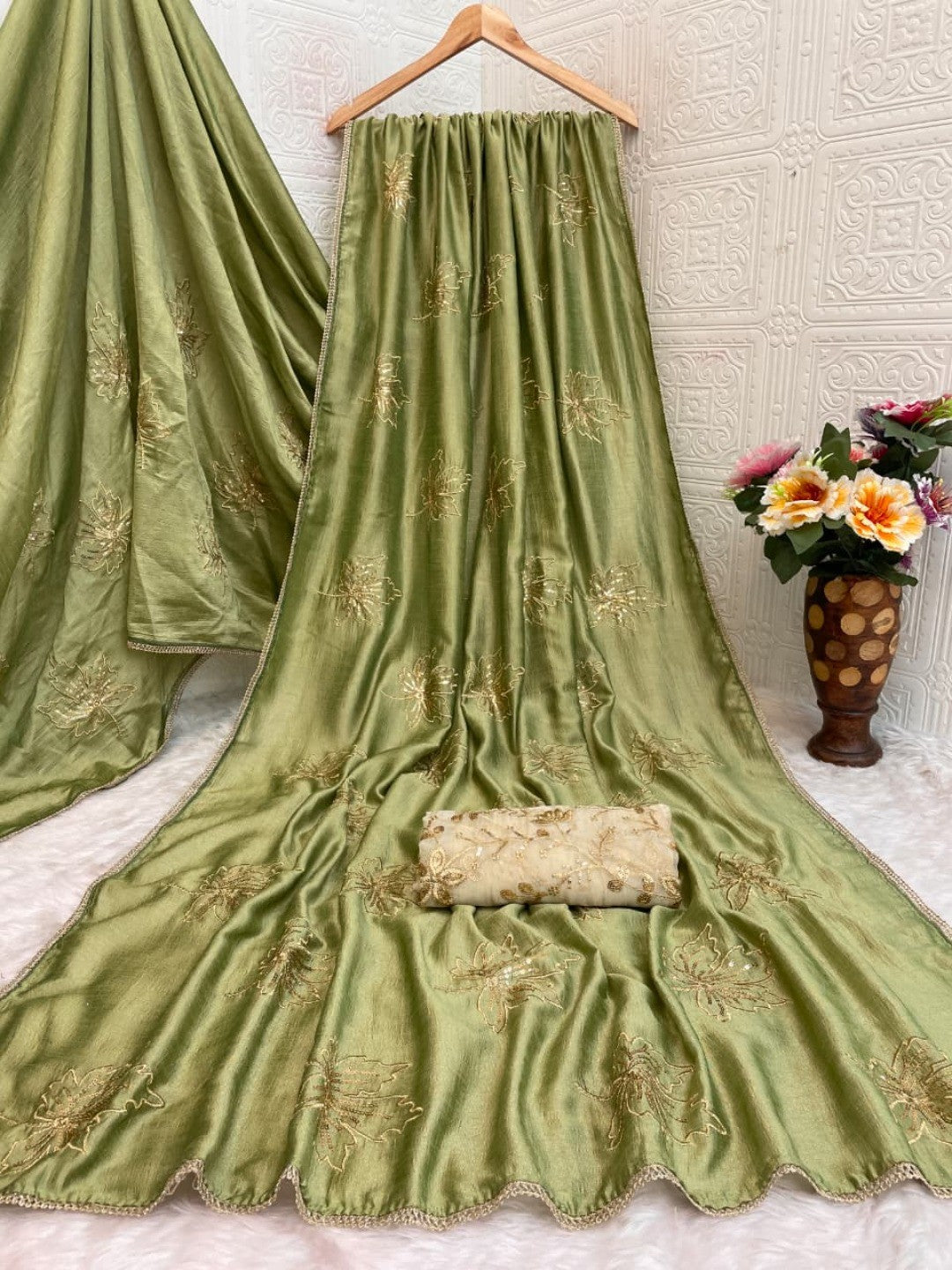 Glamorous Pista Green Sequin Embellished Saree in Premium Vichitra Silk - Image 5