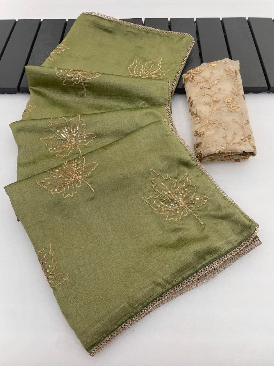 Glamorous Pista Green Sequin Embellished Saree in Premium Vichitra Silk - Image 5
