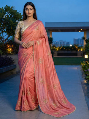 Glamorous Peach Sequin Embellished Saree in Premium Vichitra Silk - Image 1